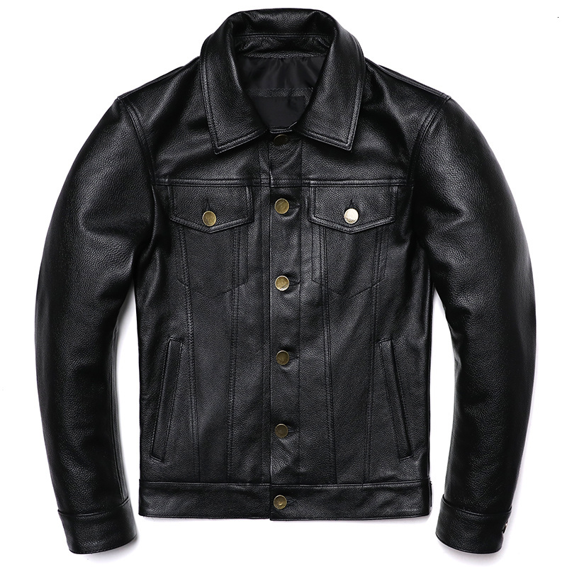 2023 New Cowboy Genuine Leather Jacket Men's Natural Cowhide Slim Short Coat Casual Style Single Breasted Fashion Clothes