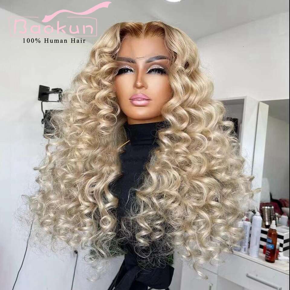 13X4 Ash Deep Curly Human Hair Wigs Ombre Honey Blonde Front Pre Plucked Transparent 13X6 HD Lace Frontal Wig