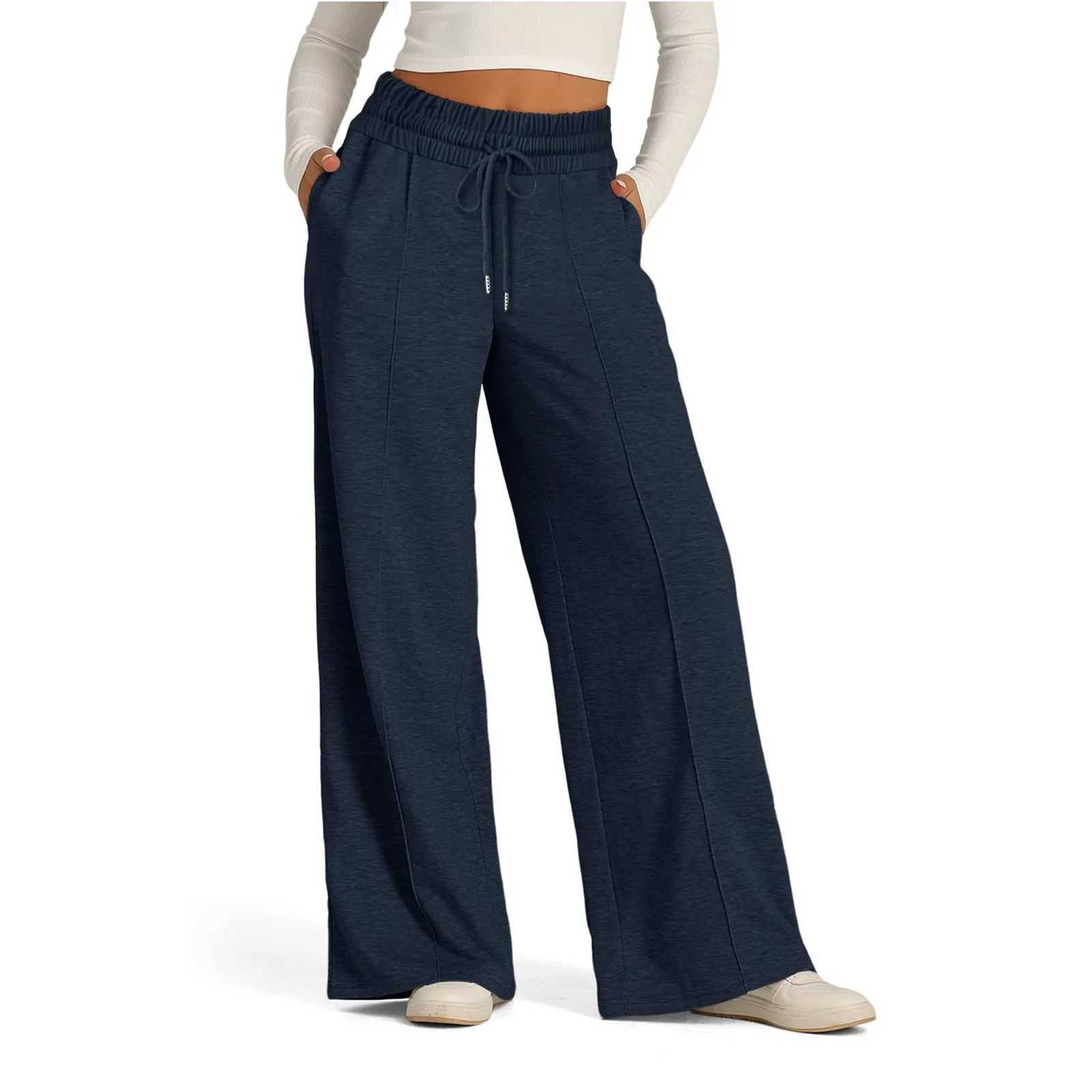 Womens Pant High Waisted Cotton Linen Pants Drawstring Waist Wide Leg Loose Trousers with Pockets M240918