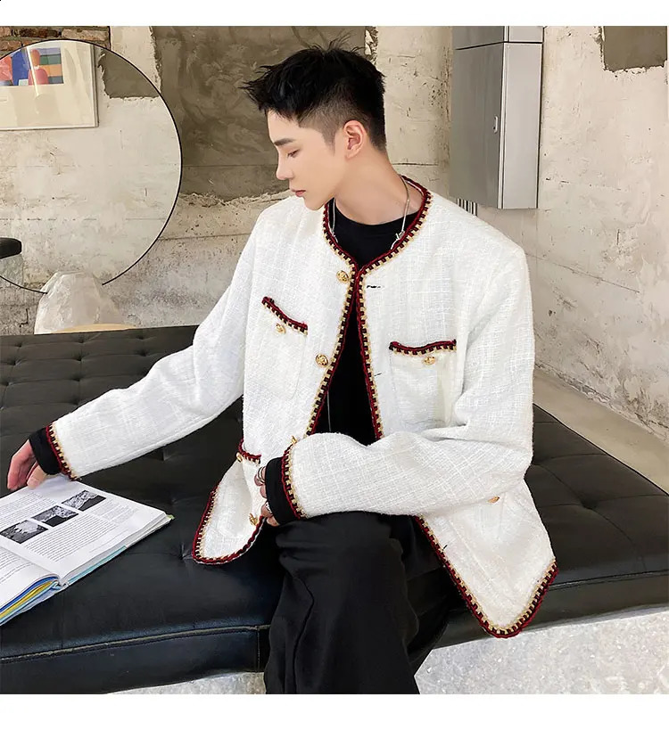 Korean Fashion Woven Tweed Suit Men Coat Round Neck Long Sleeve Single Breasted Male Jackets Casual Autumn Tops N19 240911