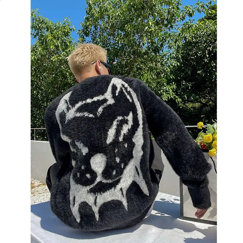 High street fashion mink velvet jacquard sweater for men and women autumn and winter loose and versatile y2k couple sweater 240912