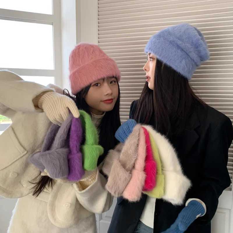 Beanie/Skull Caps 2024 Fashion Rabbit Skin Y2k Beanies Womens Soft and Fluffy Angora Winter Knitted Hat Womens Plush Windproof Hat Skull Hat J240913