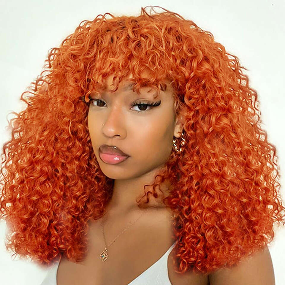Ginger Jerry Curly Short E Bob Cut Remy Human Hair With Bangs Honey Blonde Orange Non Lace Front Wigs For Black Women