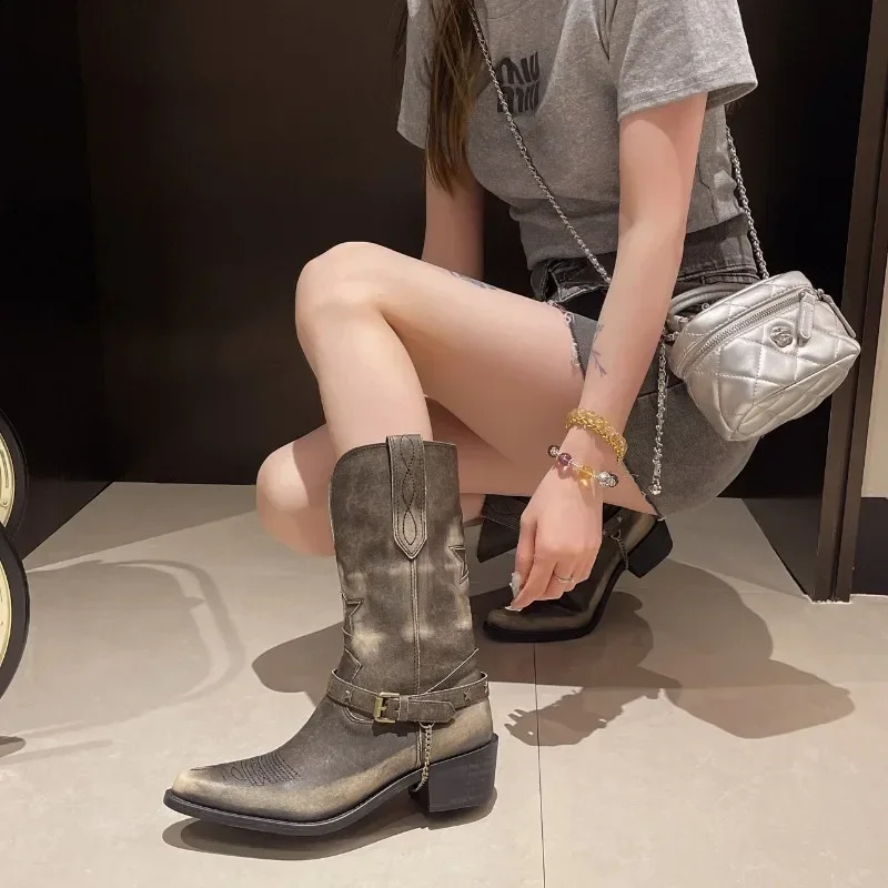 Retro Low Heel Womens Boots 2024 Trend Warm Motorcycle Boots Mixed Colors Western Cowboy Boots Belt Buckle Autumn/Winter 240914