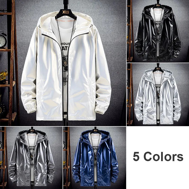 Men Shiny Jacket Shiny Silver Bright Hooded Zipper Bomber Jacket Autumn Thin Harajuku Windbreaker Waterproof Coats 240911