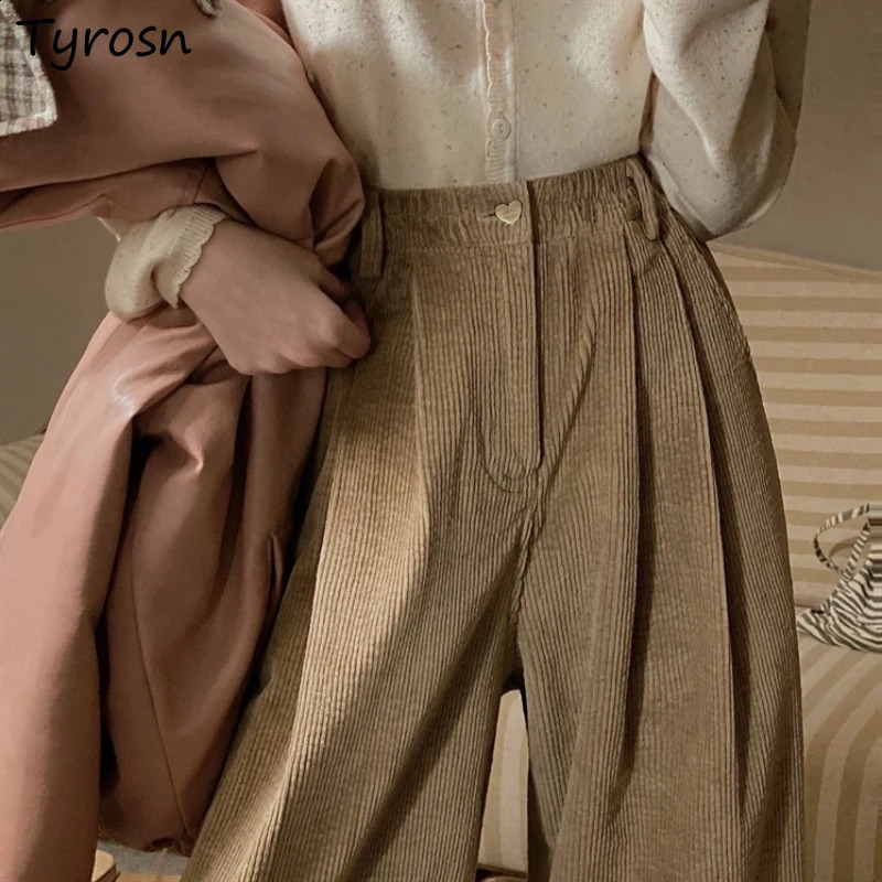 Autumn pants womens wide leg Corduroy retro loose sweet Ulzzang Harajuku College fashionable solid Trouser casual simple 240914