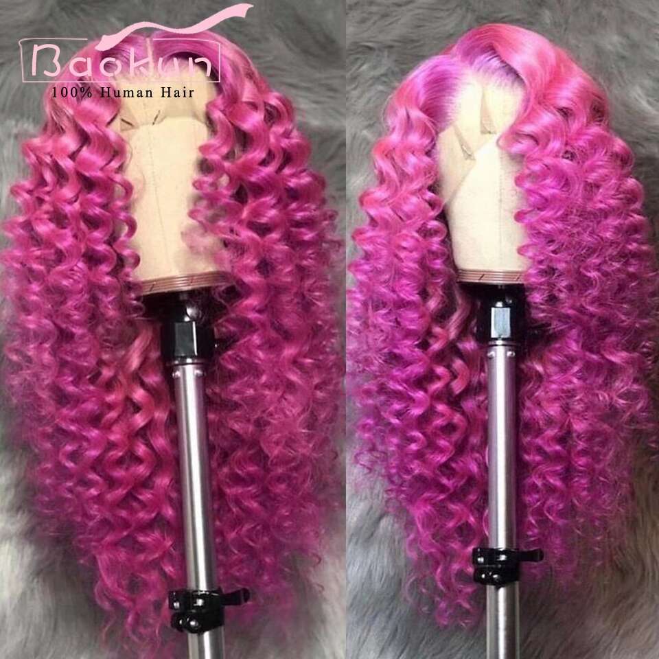 13X4 Hot Pink Curly Pre Plucked 13X6 HD Frontal Wig Brazilian Virgin Deep Wave Lace Front Human Hair Wigs