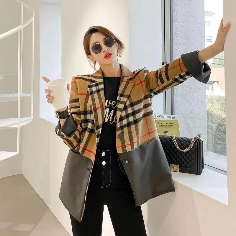 2024 Classic Plaid Women's Blazer Giacca Designer Cucca In Pelle Cucca Cucitura…