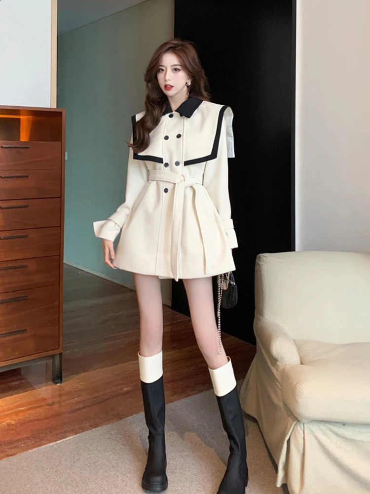 Womens casual lace double chest high waist short dress autumn high-end feeling patch work polo neck dress 240914