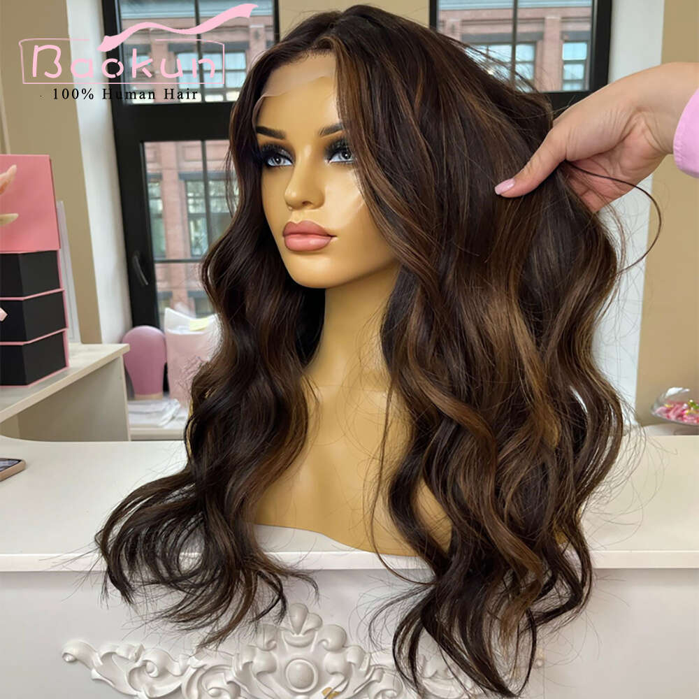 13X6 Brown Highlight 360 Frontal Wig Body Wave Lace Front Human Hair Wigs For Women Pre Plucked