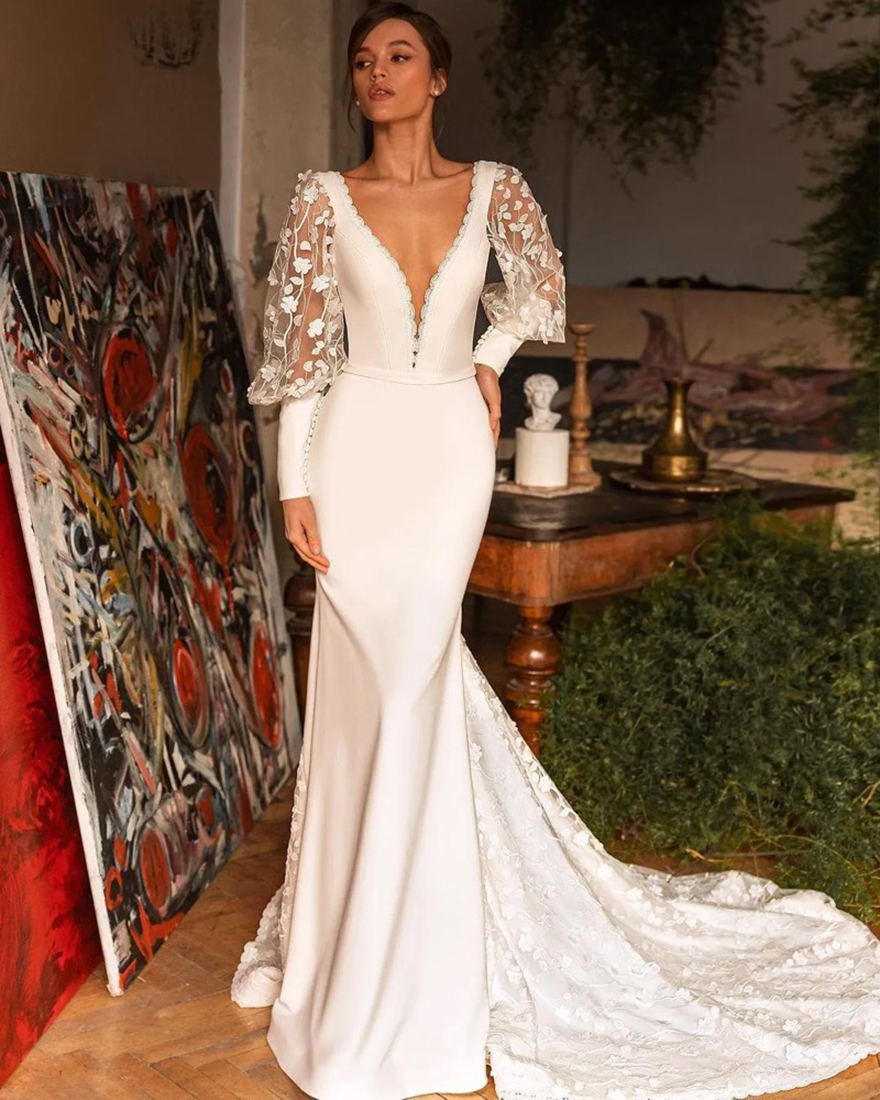 Boho Mermaid Wedding Dresses Bridal Gown with Long Sleeves 3D Floral Applique Custom Made Plus Size Deep V Neck Covered Buttons Back Vestidos