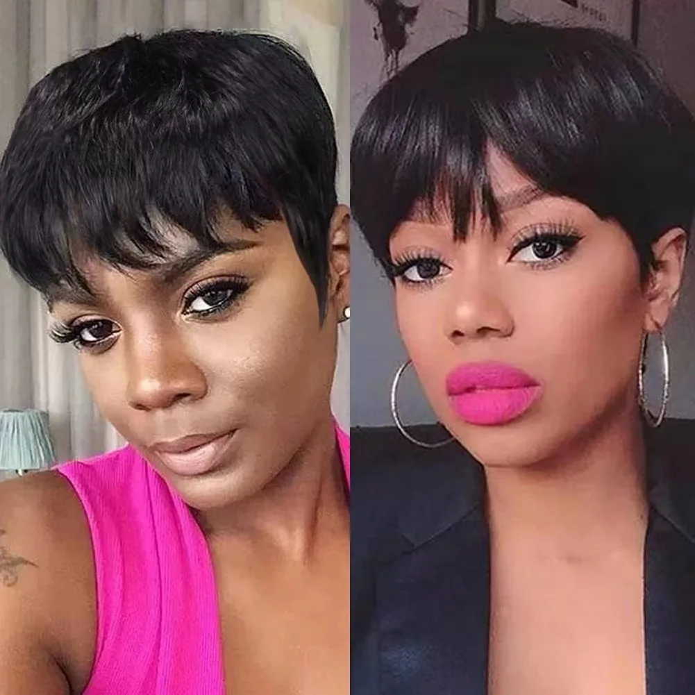 Human hair non-lace full Glueless Preplucked 100% Really Human Hair Wigs Black Colored Pixie Cut short Wig for African American Women Naturally Ready 
