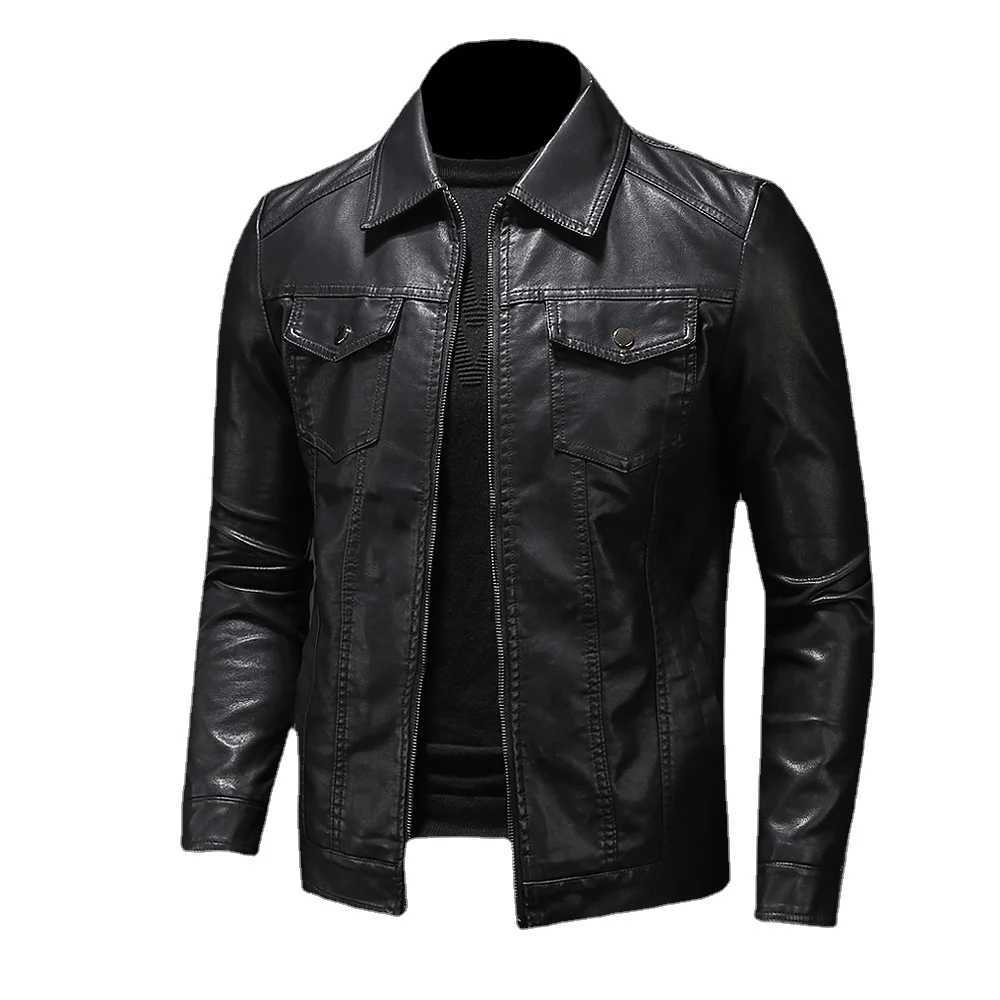 JUMPSNOW Mens Motorcycle Leather Jacket Large Pocket Black Zipper Collar Slim Fit Mens Spring Autumn High Quality PU Coat W240918