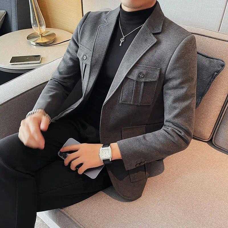 Mens Suits Tweed Suit Jackets Single Breasted Male Blazer Gray Fashion Menswear Coat Korean Style Clothes Casual