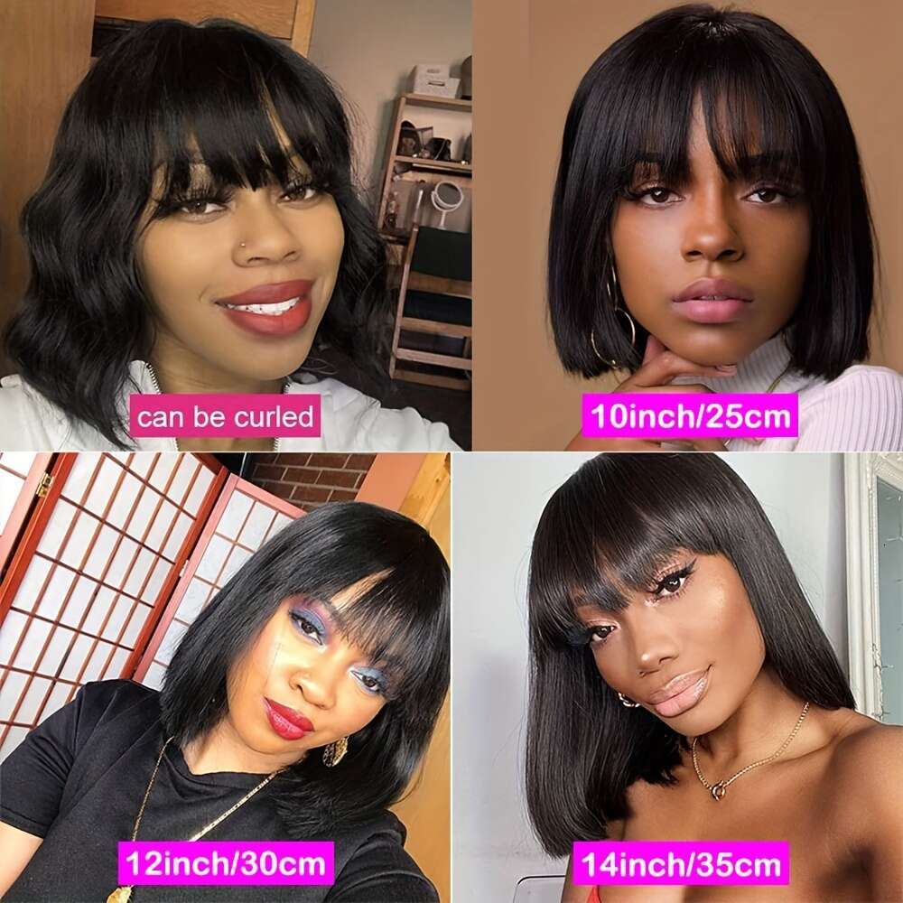 Straight Bob Wigs With Bangs Short Brazilian 200Density For Woman No Lace Full Hine Made Human Hair Wig