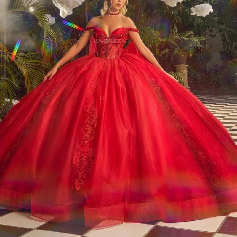 Luxury Red Shiny Quinceanera Dressess With Cape Applique Lace Beads Crystal Tull Ball Gowns Sweet 16 Dress Vestidos De 15 Anos