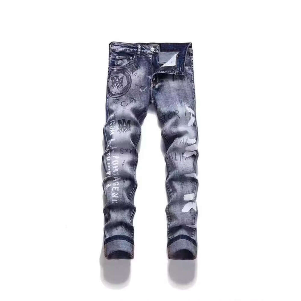 European and American fashion brands autumn retro graffiti letter print slim fit jeans men's trend scratched small feet foreign trade pants
