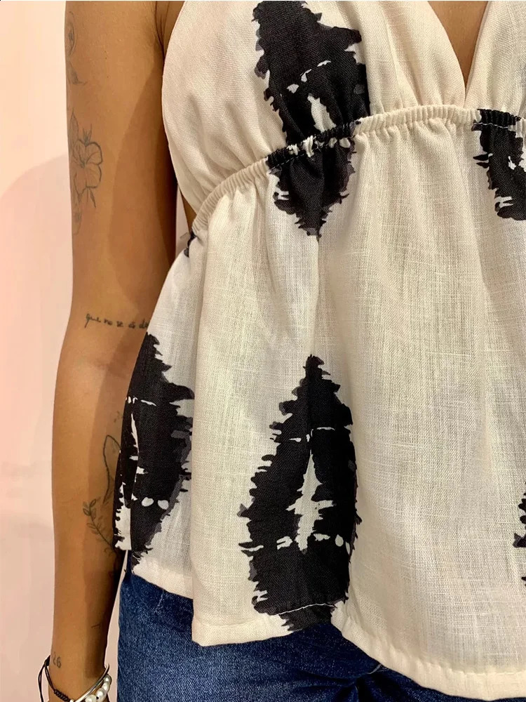 Womens camisole V-neck vest printed sleeveless ultra-thin and elegant spring vest womens street sexy holiday vest 240914