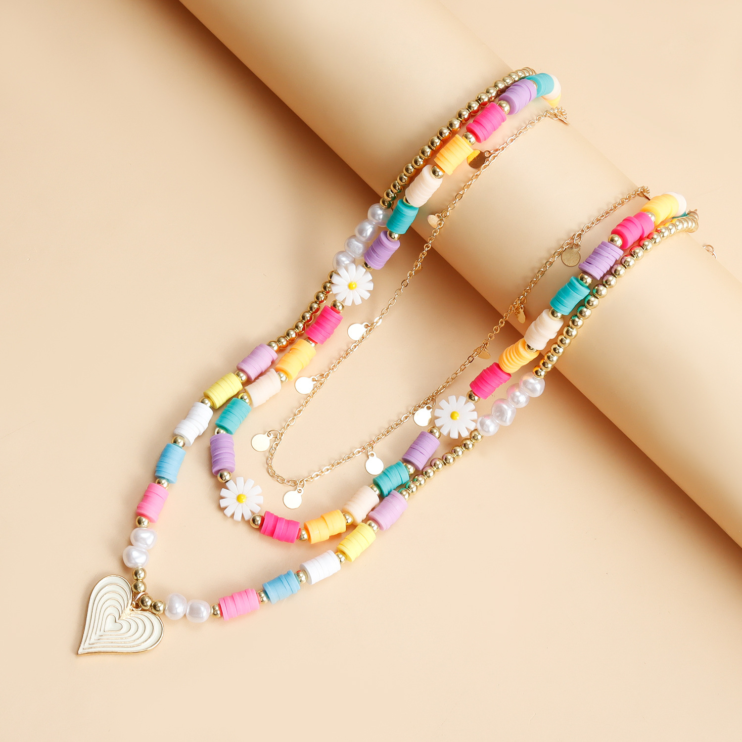 Bohemian Women's Stackable Multi-Layered Daisy Chain with Colorful Clay Heart Pendant Gold Plated Beads Chain Pendant Necklace Heart Flower Jewel