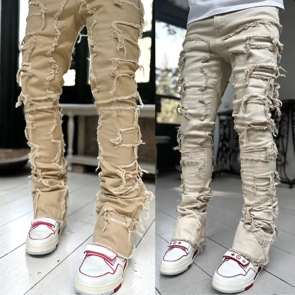 High Street White Mens Stacked Jeans Stretched Patchwork Tassel Damaged Denim Full Length Pants Hip-pop Trousers For Male 240912CJ
