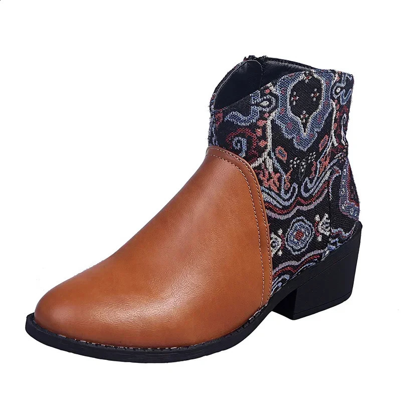 Womens retro toe casual ankle boots with ethnic autumn floral pattern patch work short boots Botas strapless boots 240914