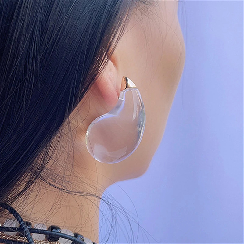 Hangzhi Retro Transparent Resin Large Earrings Transparent Water Drop Elegant Metal Short and Fat Jewelry Gift French Women Style 240918