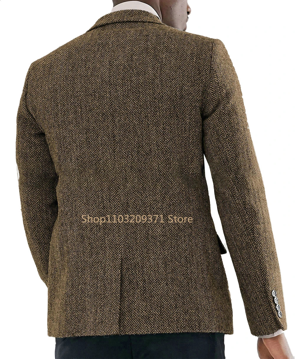 Mens Suit Brown Herringbone Blazer Prom Tuxedos Wool Tweed Single Breasted Formal Bussiness/Wedding Prom Jacket Only Coat 240911