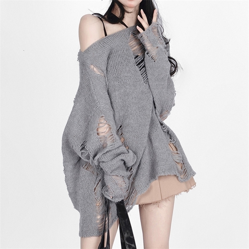 Womens Summer Ripped Knit Top Loose Drop Shoulder Long Sleeve Pullover Sweater 240911