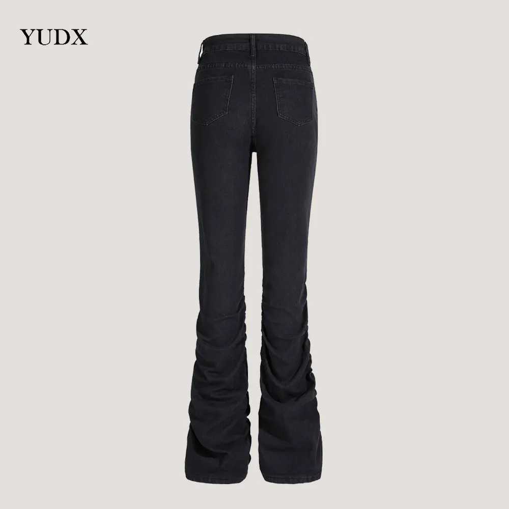 Design Black Jeans for WOMan WOMens Mid-Waist Elastic Denim Pants Streetwear Crinkled Trousers Girls Fashion M240914