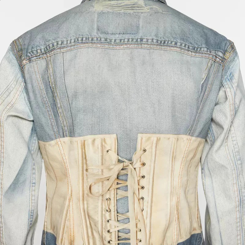 Y2k Contrast Color Back Lace Up Patchwork Denim Coat for Men and Women Windbreaker Bomber Jacket Casual Loose Jeans Clothes 240911