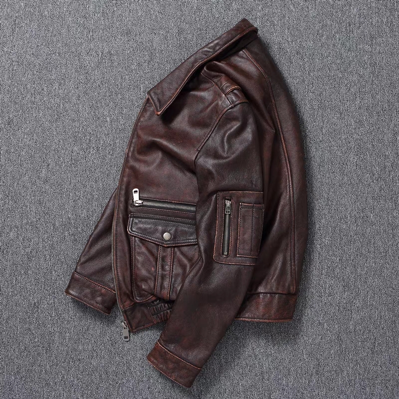 New Genuine Leather Vintage Stone Milled Top Layer Cowhide Bomber A2 Brown Men's Calfskin Motorcycle Jacket
