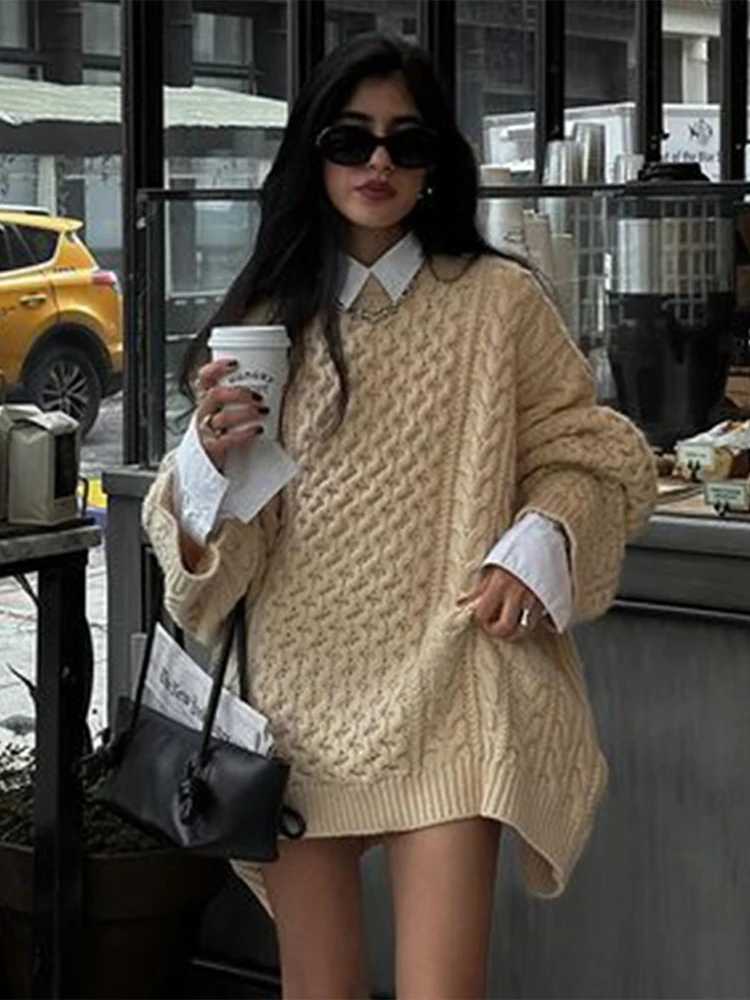 Retro Knitted Womens Zipper O-neck Full Sleeve Twisted Womens Sweater 2024 Autumn/Winter Casual Oversized Solid Womens Sweater W240918
