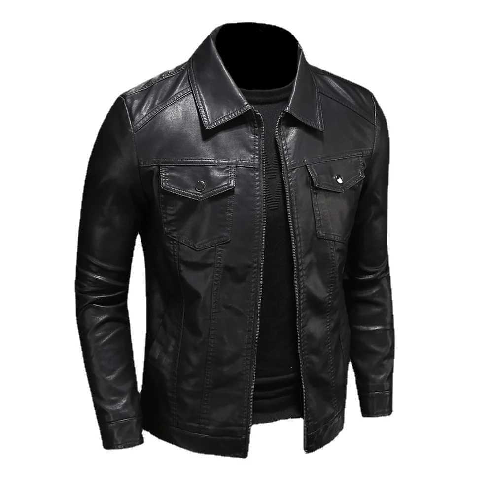 JUMPSNOW Mens Motorcycle Leather Jacket Large Pocket Black Zipper Collar Slim Fit Mens Spring Autumn High Quality PU Coat W240918