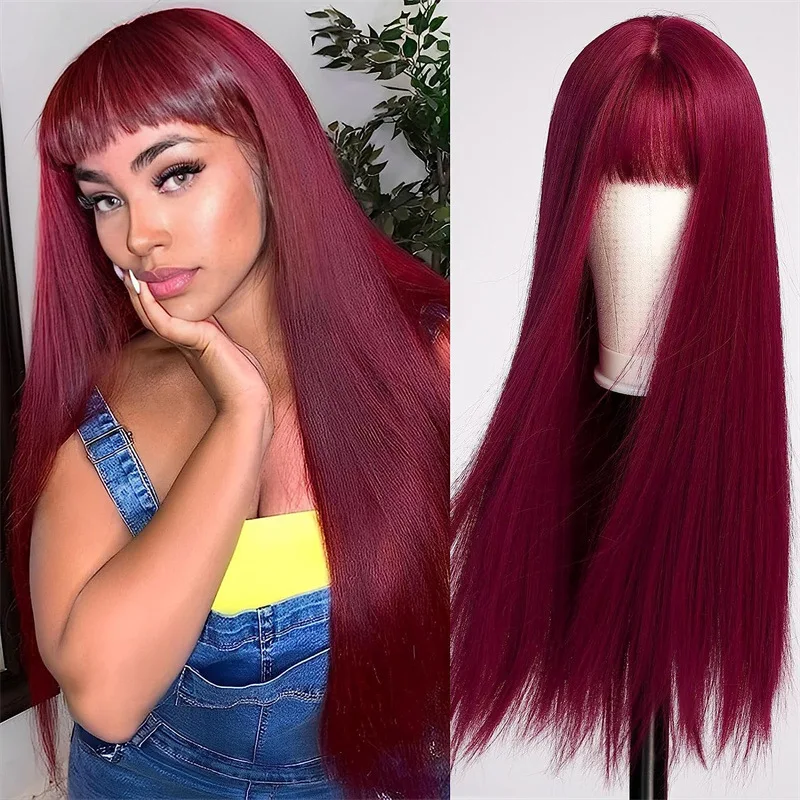 Best-selling fashion female wig wine-red air bangs long straight hair synthetic fiber high temperature silk wig set