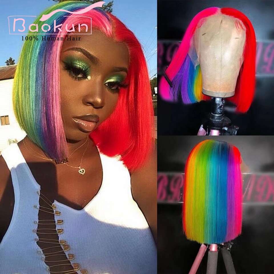 13X4 Rainbow Highlight Red Green 13X6 HD Frontal Wig Short Straight Bob Lace Front Wigs Human Hair For Women