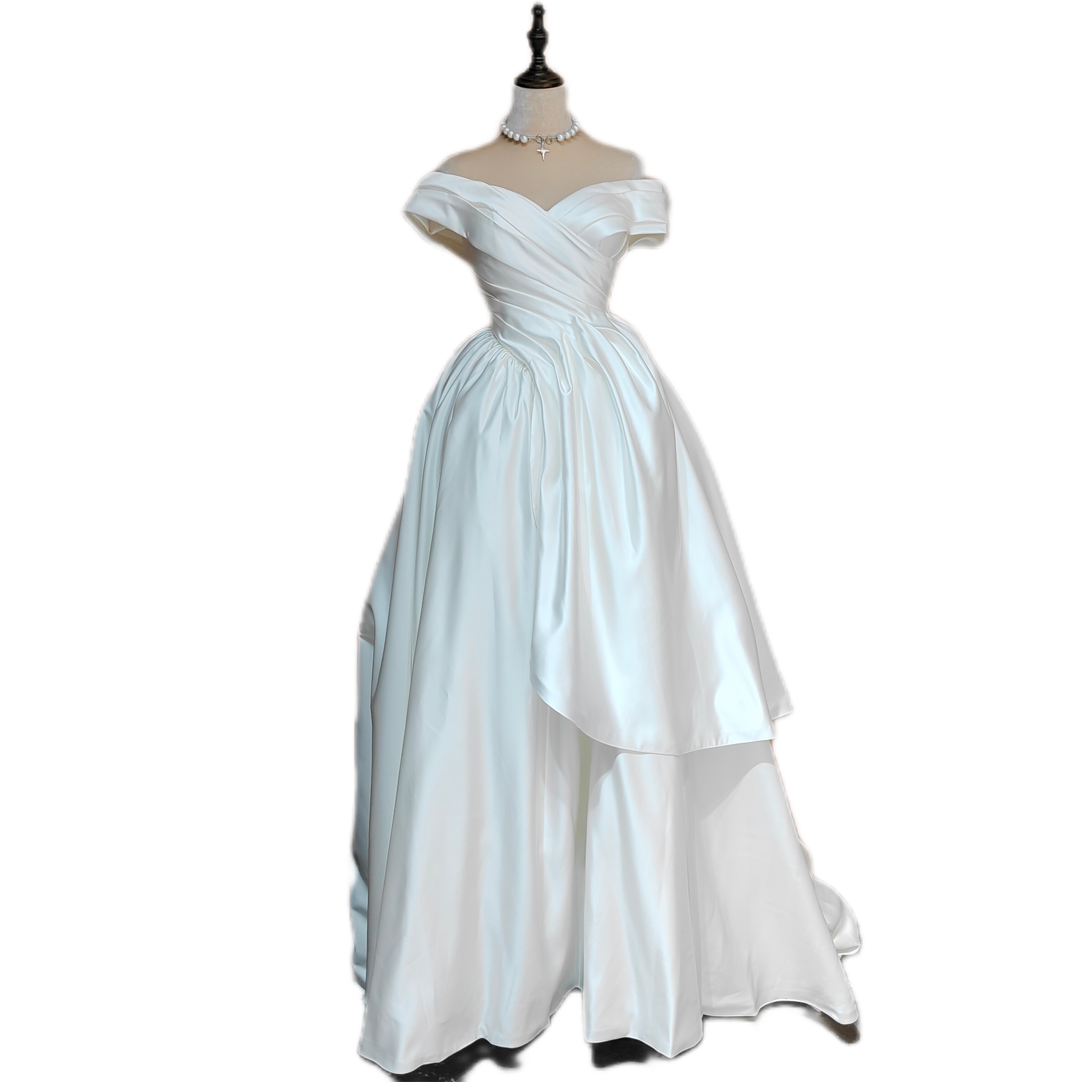 Designer Satin Strapless Off The Shoulder Wedding Dress with Long Train for Garden Church Ceremony