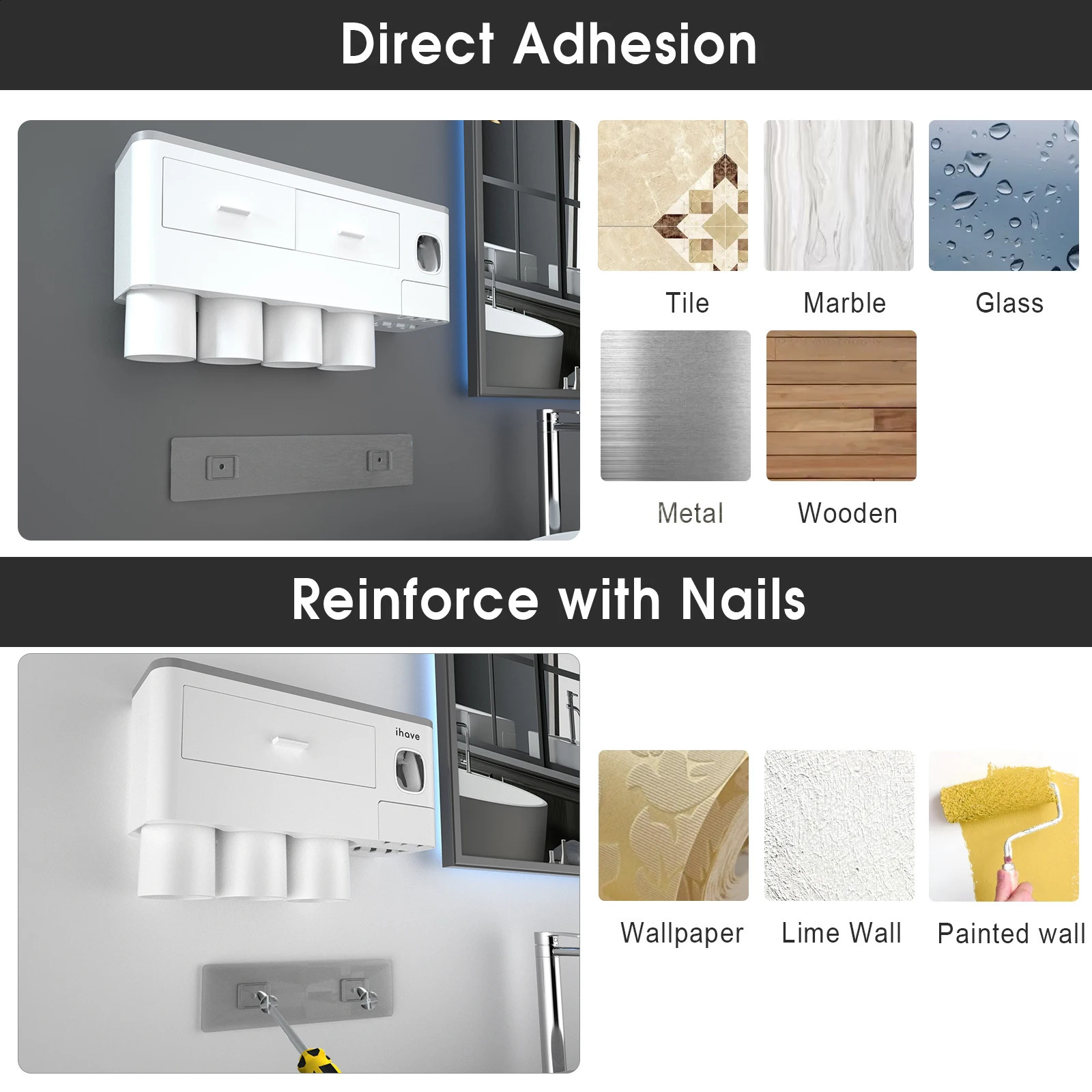 Toothbrush Holders for Bathrooms 4 Cups Toothbrush Holder Wall Mounted with Toothpaste Dispenser - Large Tray 2 Cosmetic Drawer 240913