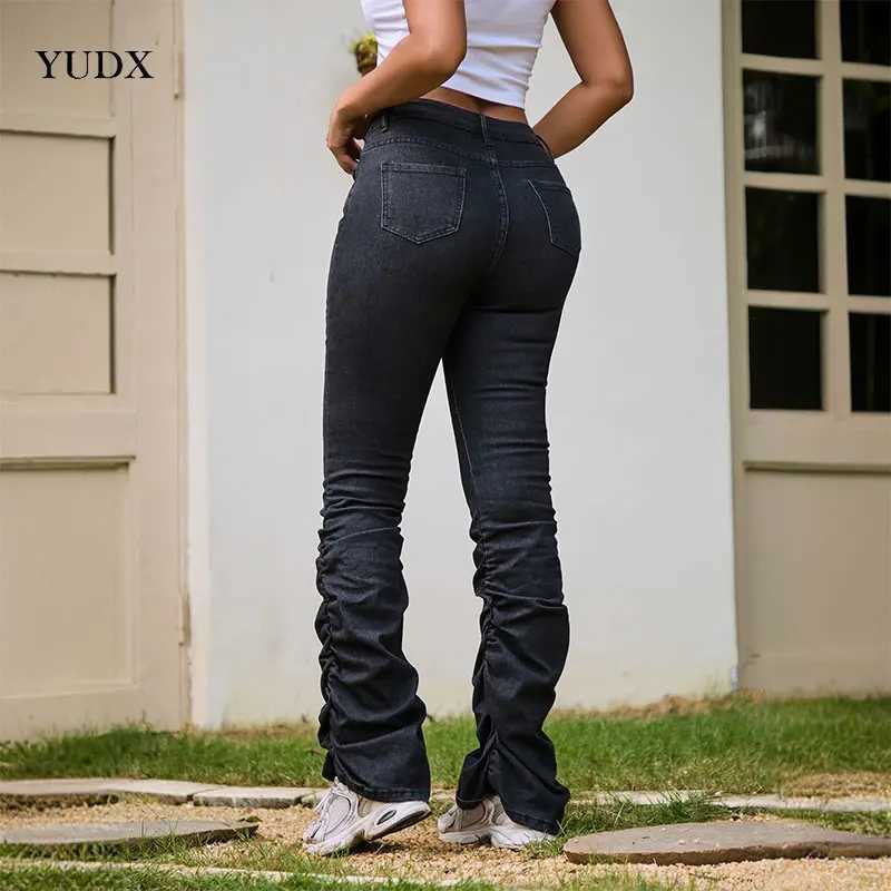 Design Black Jeans for WOMan WOMens Mid-Waist Elastic Denim Pants Streetwear Crinkled Trousers Girls Fashion M240914