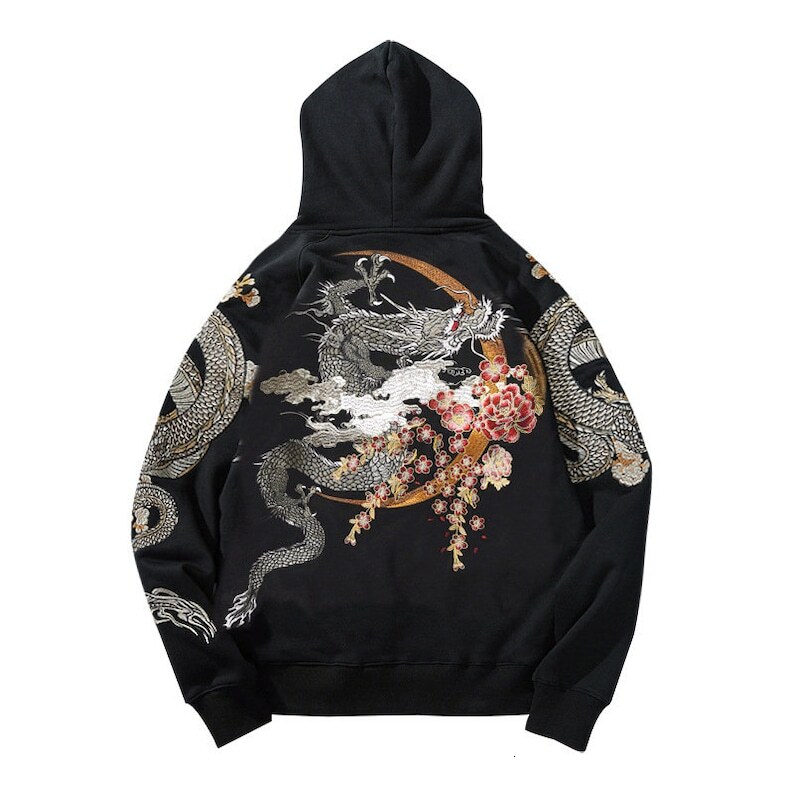 Embroidered Hoodie Crescent Moon Japanese Zip Sakura Cotton Pullover Men's Hip Hop Hoodies Chinese Dragon Sweatshirt
