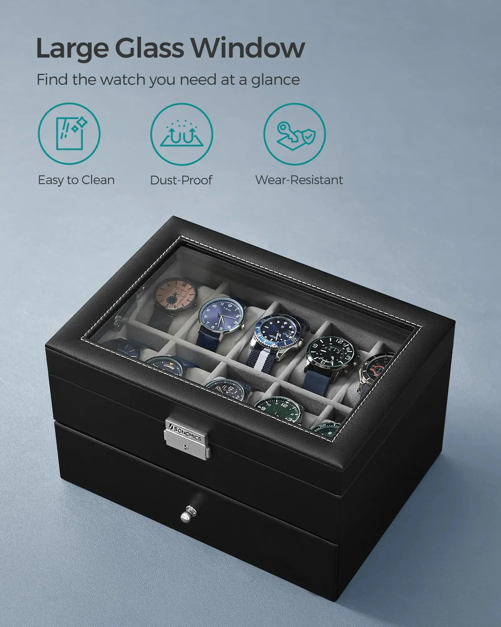 20 slot watch manager case with glass cover 2 layers lockable display black synthetic leather gray 240912