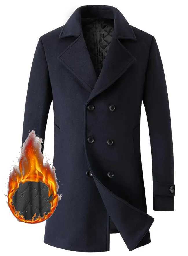 High quality autumn and winter mens woolen coat fashionable and cotton double breasted long jacket casual jacket mens clothing Y240924
