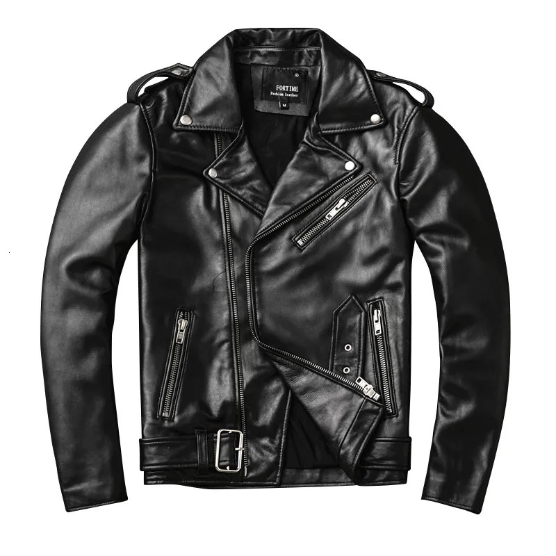 Classical Perfecto Motorcycle Leather New Zealand Sheepskin Men Black Genuine Leather Coat Slim Moto Jacket