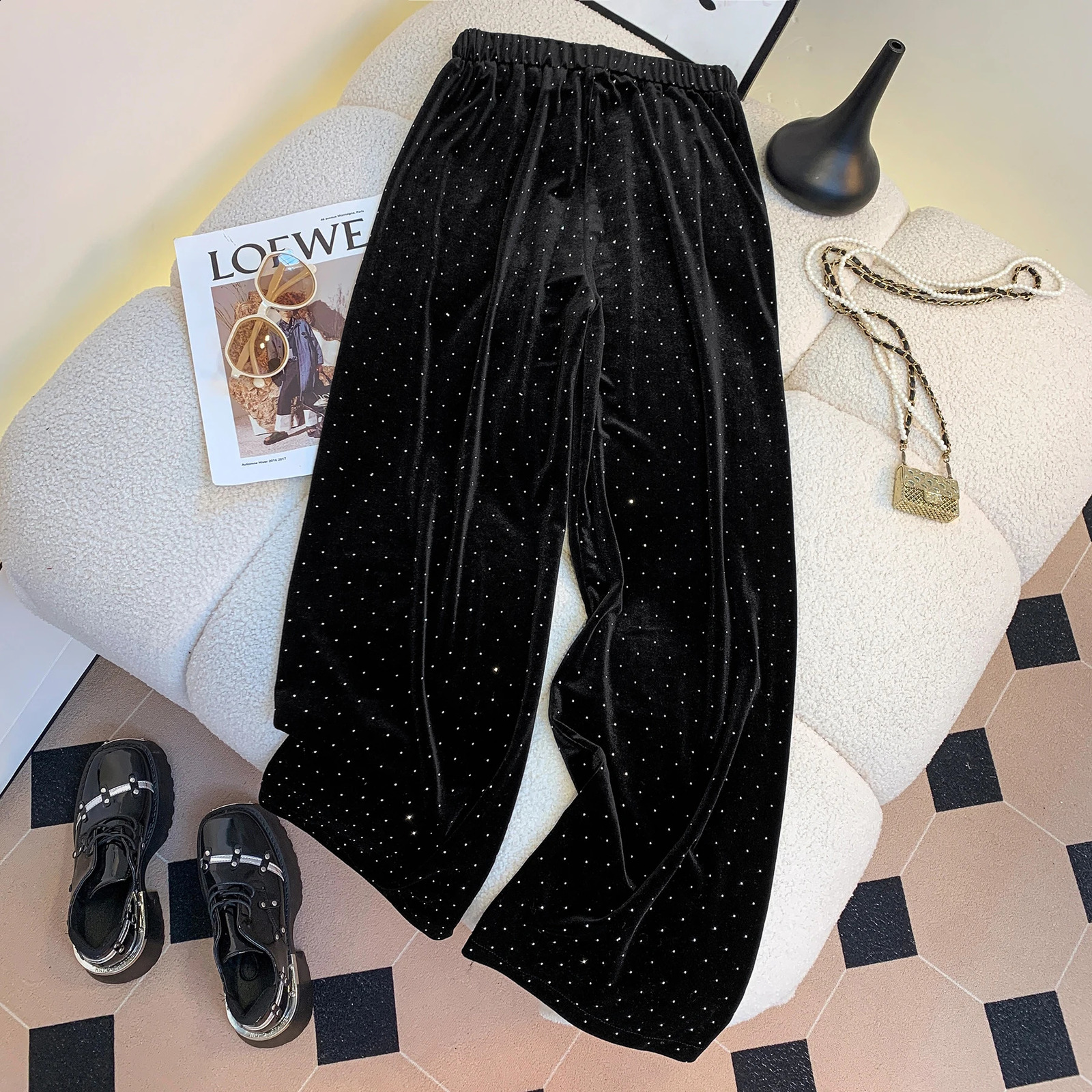 Black Wide Leg Womens Autumn and Winter Fashionable Chic Tie High Waist Straight Gold Velvet Casual Pants Z260314