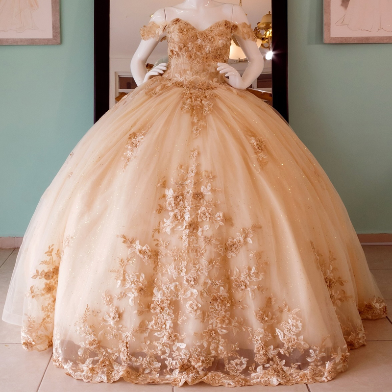 Champagne Shiny Quinceanera Dresses Ball Gown Off The Shoulder 3D Flowers Appliques Lace Tull Corset Vestidos De 15 Anos Sweet 16 Dress