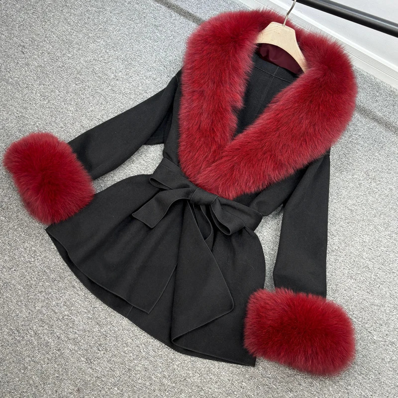 Janveny Womens Wool Coat Autumn Winter Natural Real Fox Fur Jackets Detachable Fluffy Fox Fur Trench Lady Outerwear 240911