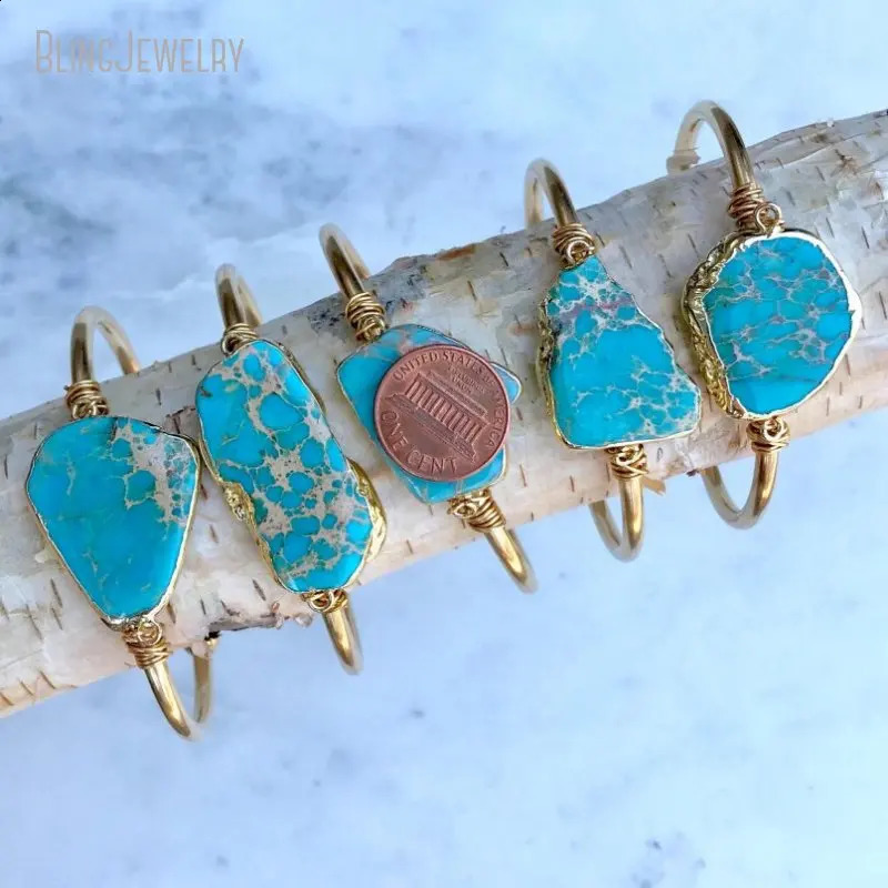 10pcs Turquoise Bangle Bracelet Sediment Jasper K Gold Color Stainless Steel Cuff Women Bridesmaid Gift Boho Wedding Jewelry 240914