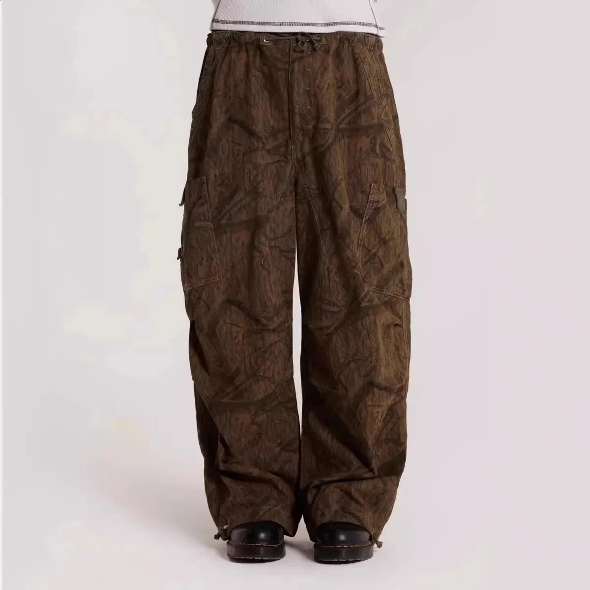 Jaded London Leaf pattern arm green cargo drawstring loose casual pants for men and women 240914