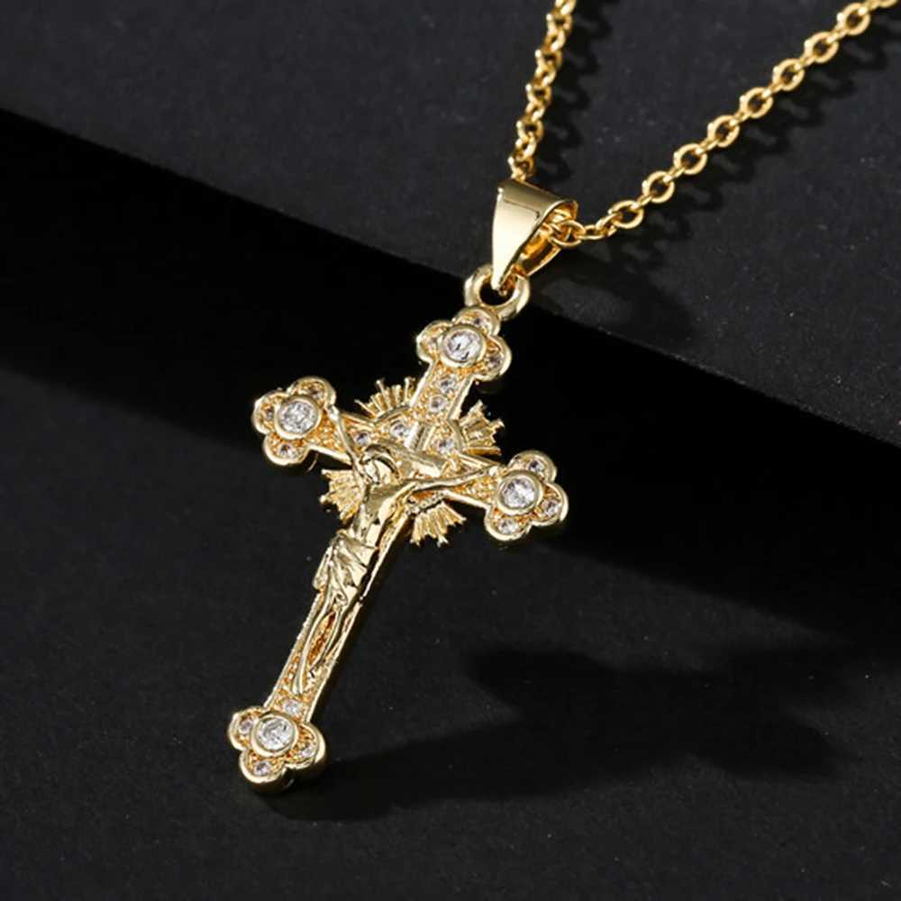 NEWBUY Gold Jesus Cross Pendant Stainless Steel Chain Necklace Suitable for Women Men Classic Design Christian Jewelry Gifts W250318