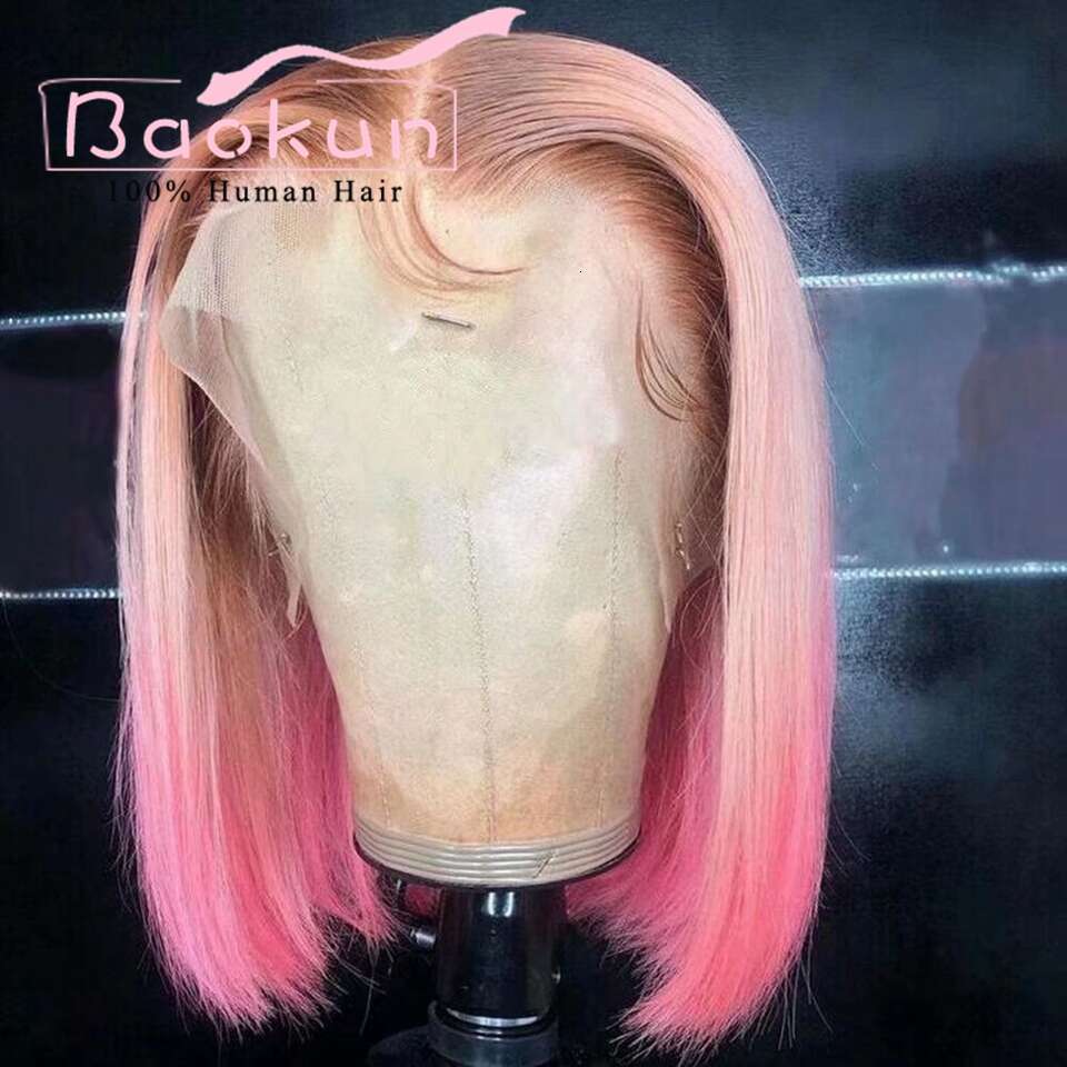 13X4 Pink Red Short Bob Front Transparent 13X6 HD Lace Frontal Wig Ombre 613 Human Hair Wigs For Women