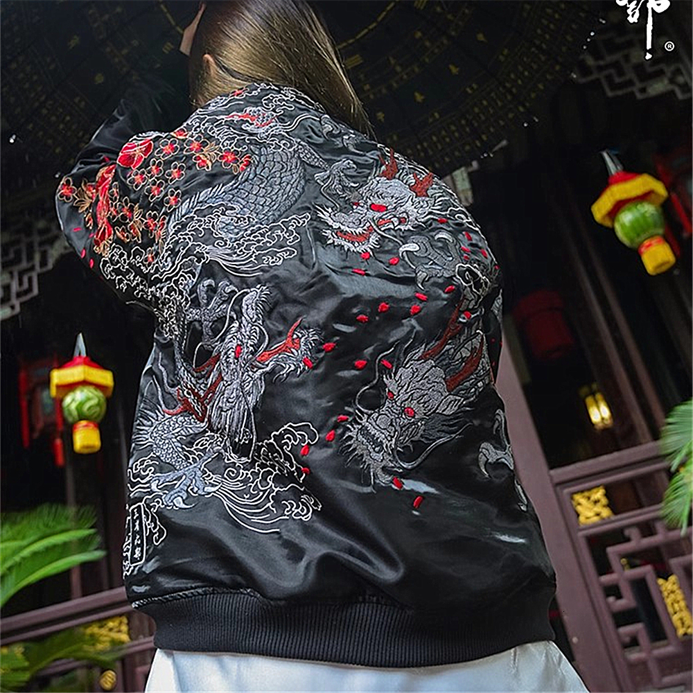 New Men Boys Black P Embroidered Reversible Double-Sided Sukan Souvenir Jacket 2024 China Dragon Year Exclusive